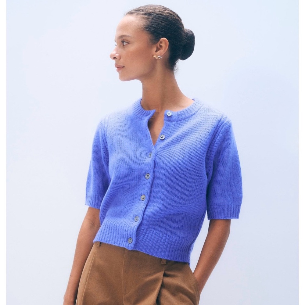 White + Warren Short Sleeves Blue Cashmere Knit Cardigan Sweater size L